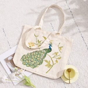Peacock Embroidered Canvas Tote Bag Cottagecore Boho Market Bag